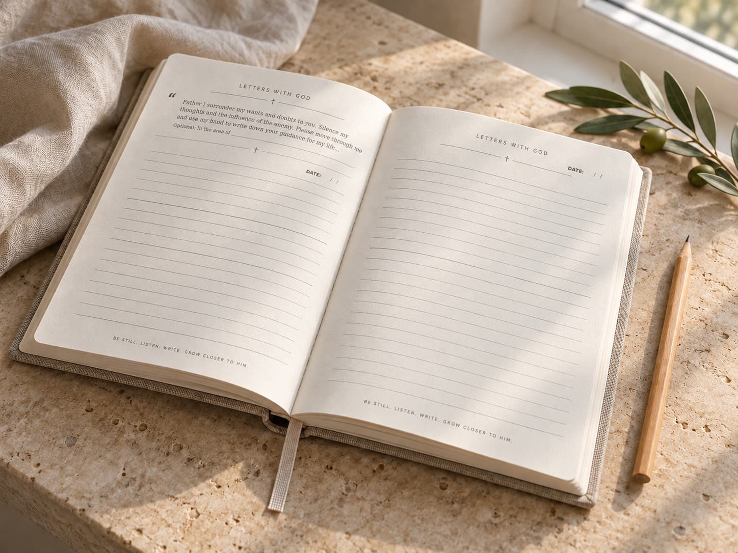 An open Letters With God journal showing the guided prayer page on the left and a lined reflection page on the right